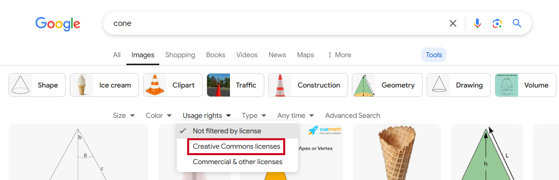 The Creative Commons licenses option in the Usage rights dropdown menu.