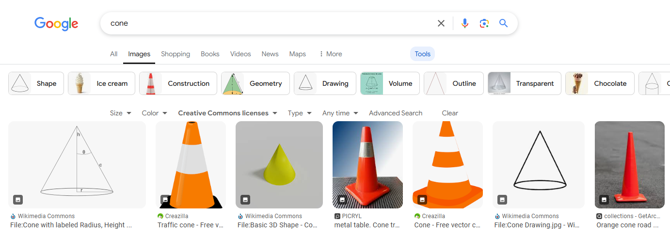 An example image of search results using the Creative Commons license.