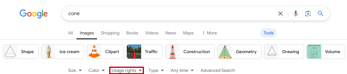 The dropdown menu labeled Usage rights, below the Images, Shopping, and Books labels, to the right of the Size and Color drop-down menus.
