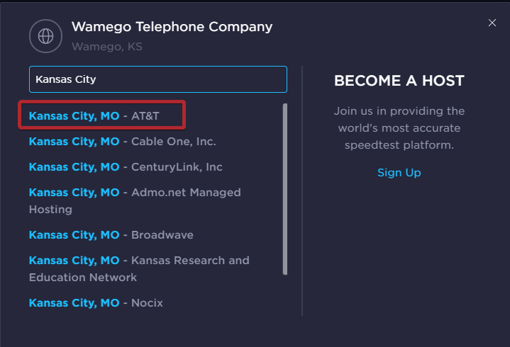 The Kansas City, Missouri option in the list of servers.