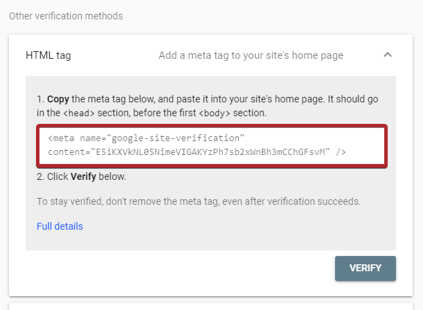 The HTML meta tag in the text field below the step labeled number one.