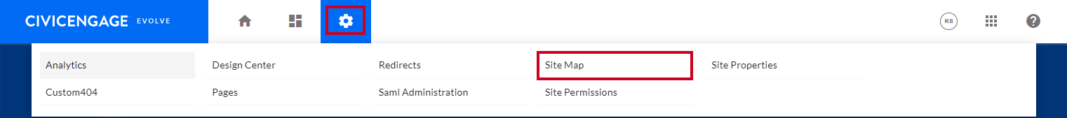 The Site Tools cog wheel icon, then the Site Map option in the alphabetical list.