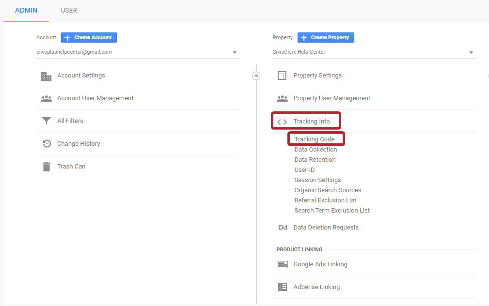 The option labeled Tracking Info tab, on the left side of the screen, then Tracking Code in the Tracking Info tab.