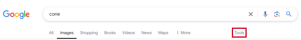 The option labeled Tools, below the search bar to the right of the All, Images, Shopping, Books, Videos, News, Maps, and More labels.
