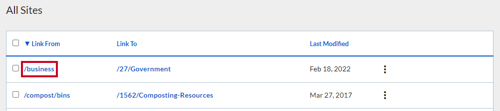 The name of the redirect, in the Link From column.