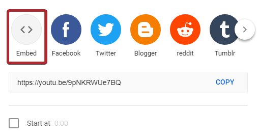 The open and closed bracket icon with the Embed label below it, to the left of the Facebook icon.