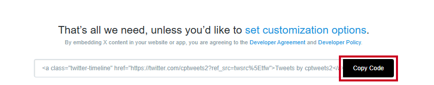 The button labeled Copy Code at the end of the text field containing the embed code.