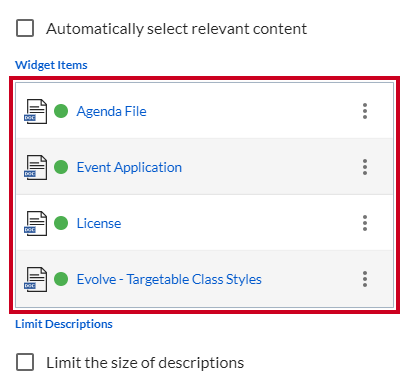 The content items under the Widget Items header.