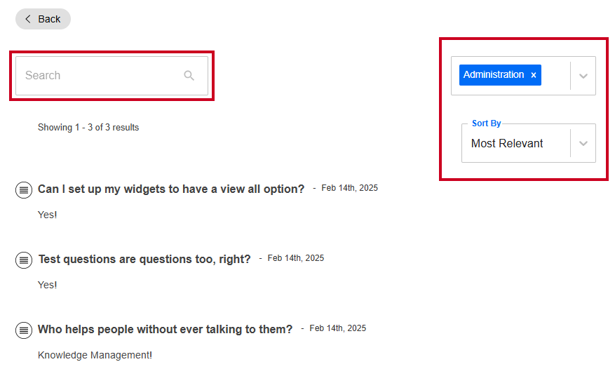 The Search field, below the Back button, and the list of categories to the right of the Search field.