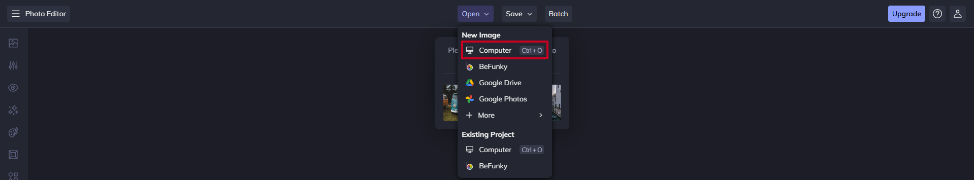 Select Computer, under the New Image header in the Open drop down menu.
