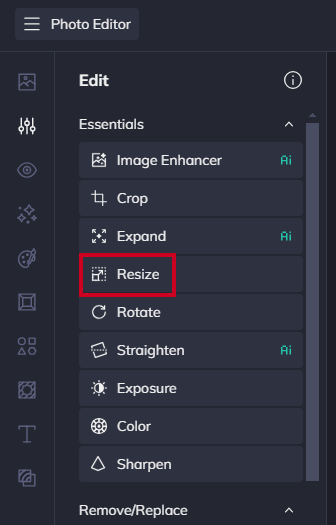 The resize option in the vertical left-hand navigation menu.