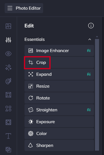 The Crop option in the left-hand navigation menu, under the Essentials header.