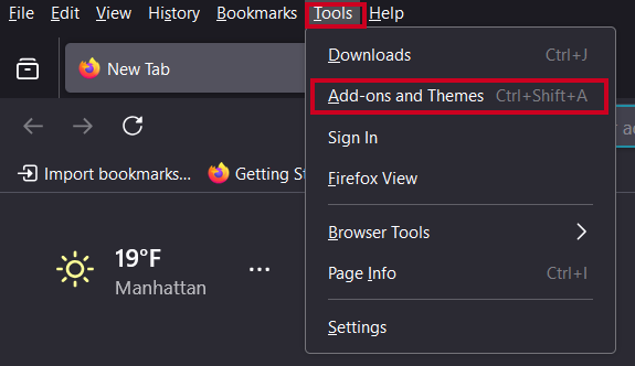 The Tools option in the tool, and then Add-ons and Themes.