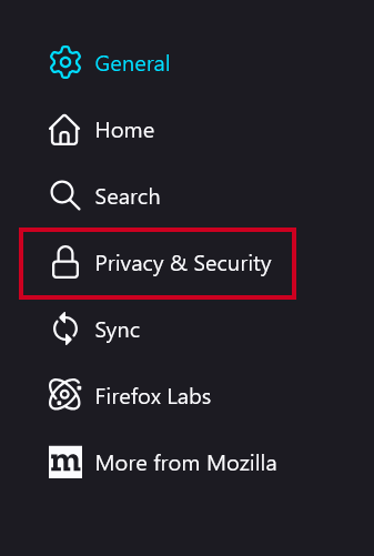 The left-hand navigation tab labeled Privacy and Security.