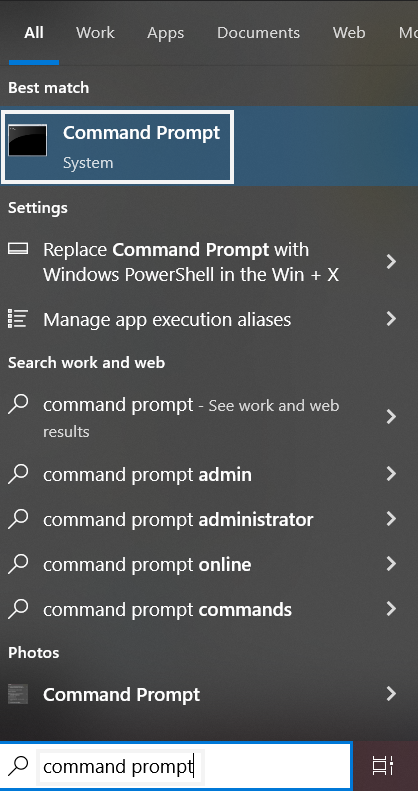 The Command Prompt app listed in the Windows search output.