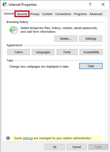 The tab labeled Security, to the right of the General tab.