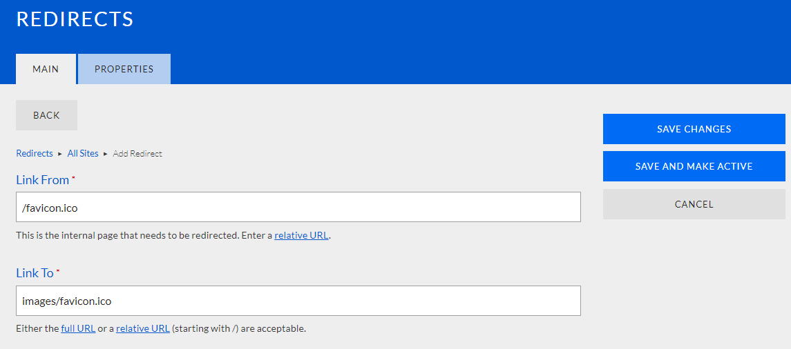 The add a redirect page in Web Evolve.