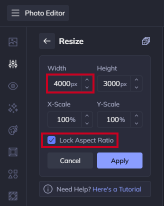 Adjust the number in the field below the Width header, and check the Lock Aspect Ration box, above the Cancel and Apply buttons.