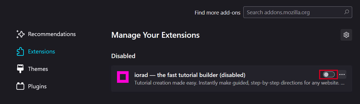 The on and off sliding toggle to the right of the extension name.