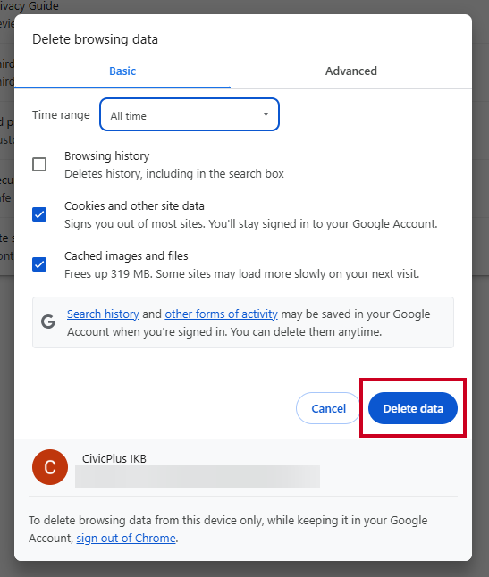 The button labeled Delete data at the bottom of the Delete browsing data window.