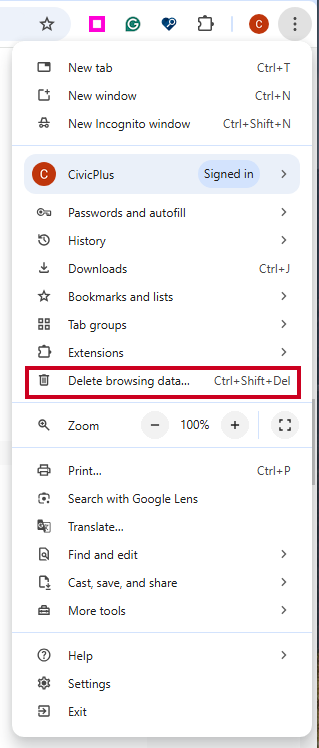 The settings option labeled Delete browsing data.