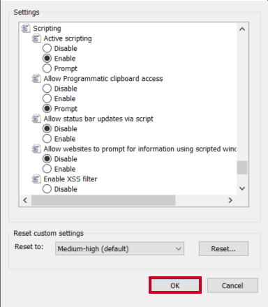 The button labeled OK.