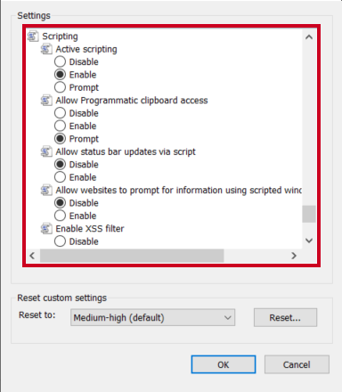 The radial button options labeled Disable, Enable, and Prompt under the subheaders below the Scripting primary header.