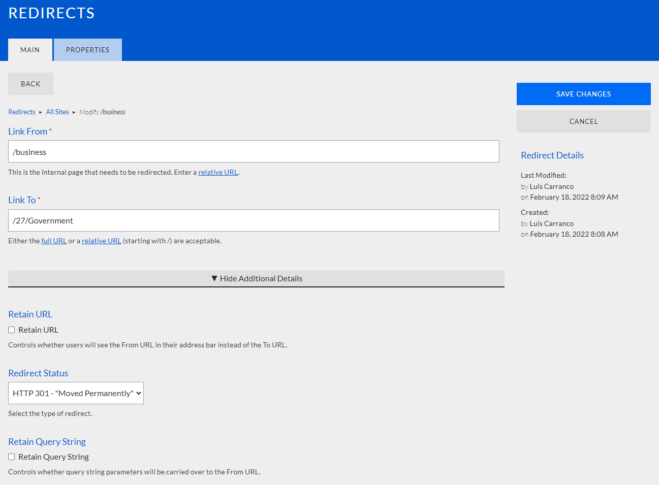 The Redirect text entry fields, check boxes, and dropdown fields.