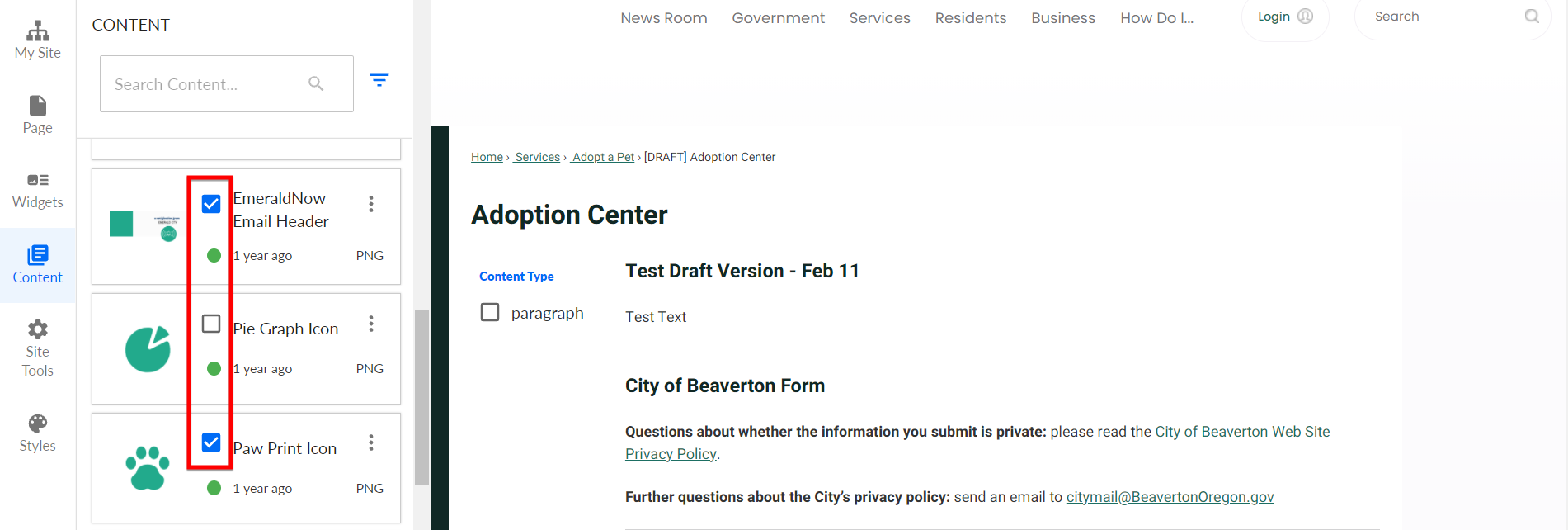 The checkbox toggles for content, to the left of the content name.