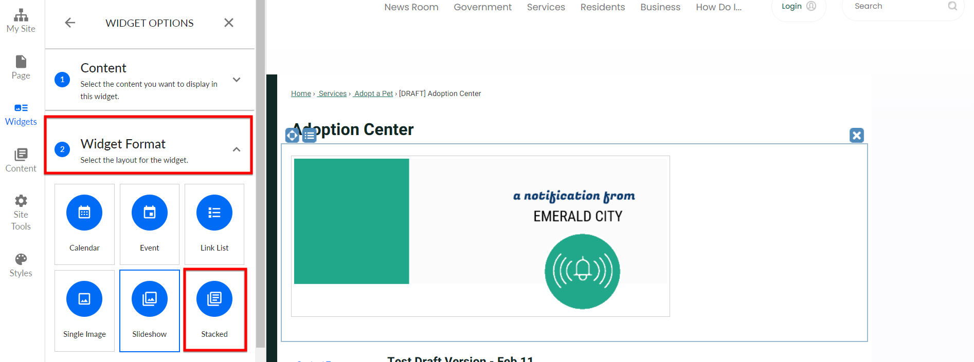 The tab labeled Widget Format, and the button labeled Stacked.