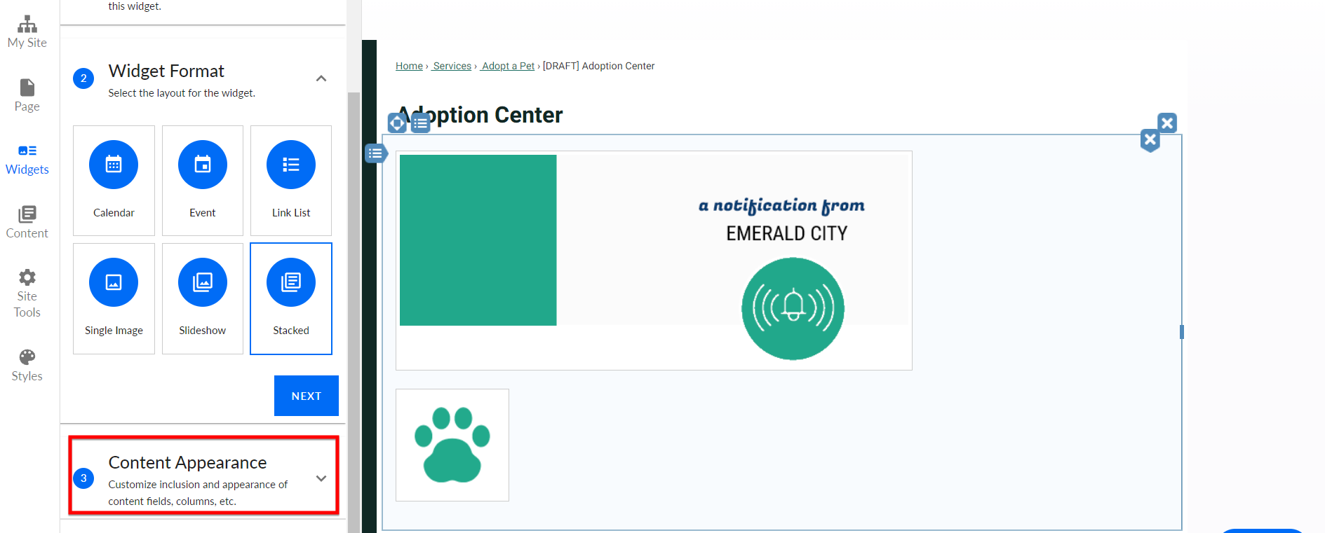 The tab labeled Content Appearance.