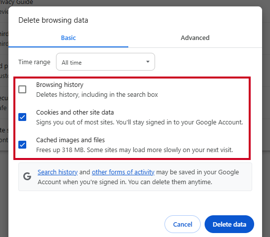 The list of checkbox toggle options in the Basic tab.