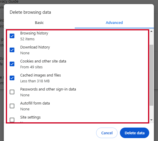 The list of checkbox toggle options in the Advanced tab.