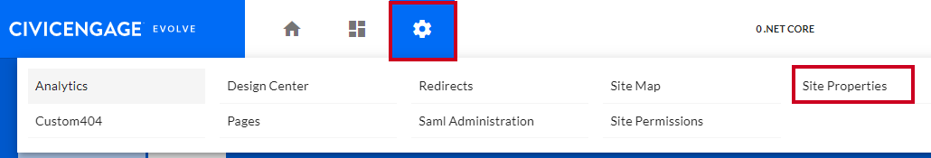 The cog wheel icon, and then Site Properties in the alphabetical list.