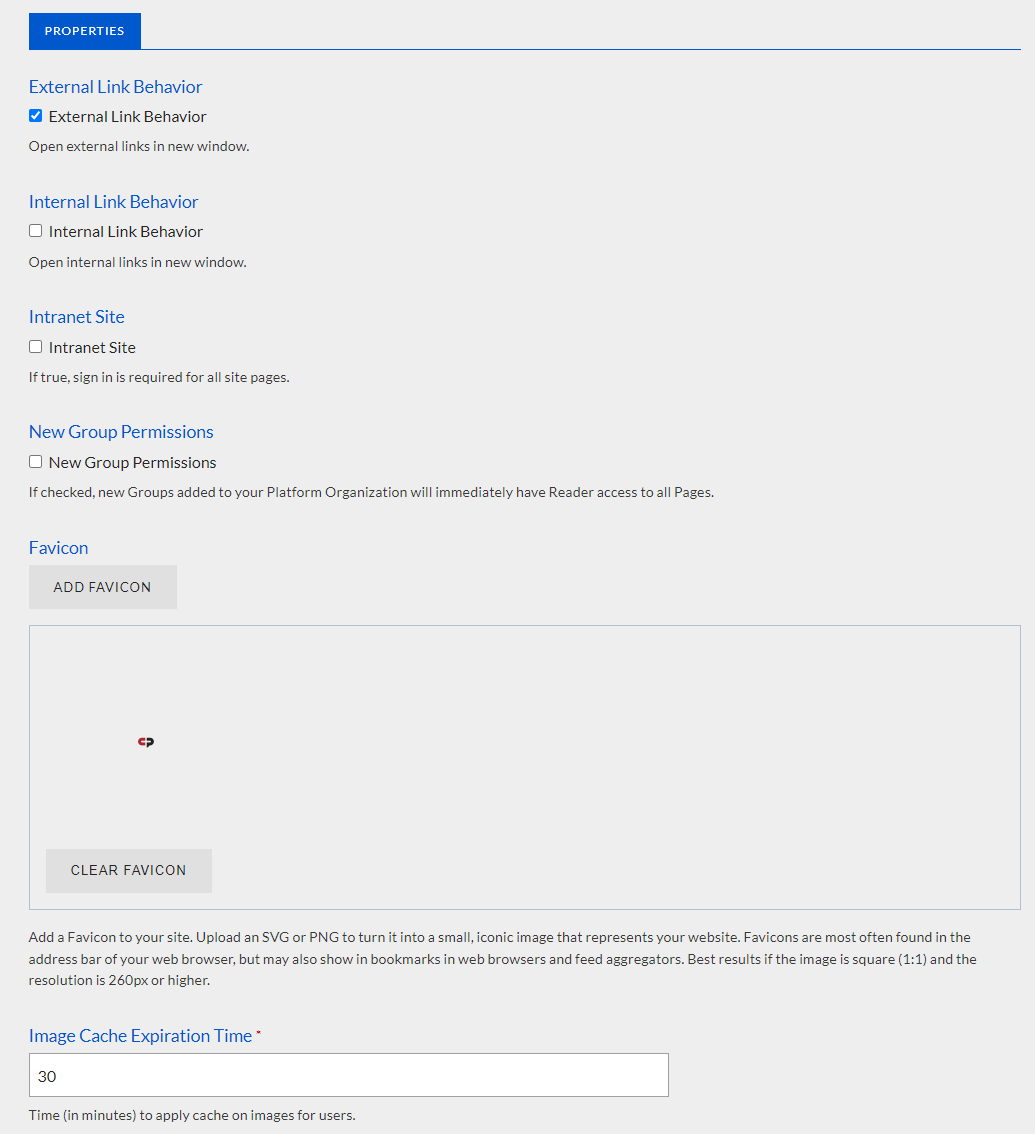 The toggle settings and text entry fields in the Site Properties.