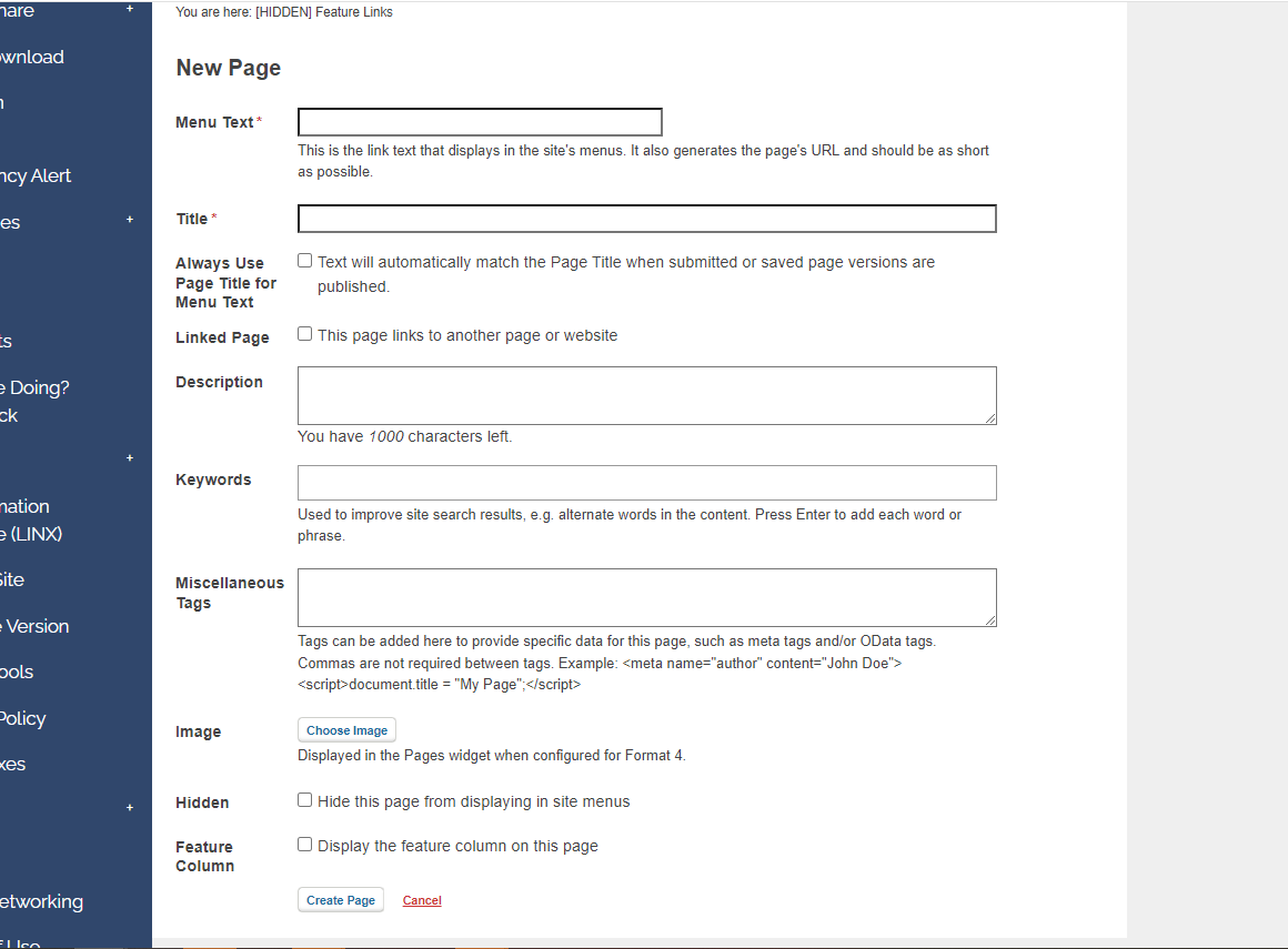 New Page Input Fields