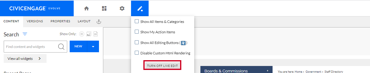 The Turn Off Live Edit button that appears after clicking on the pencil icon.