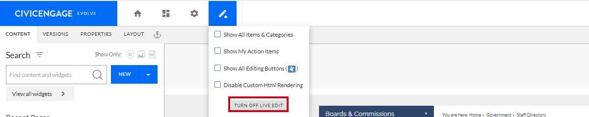 turn off live edit button