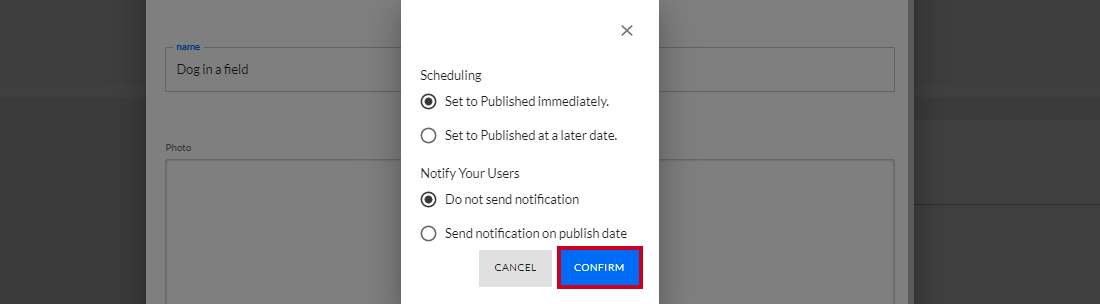 schedule and notify pop-up window and confirm button