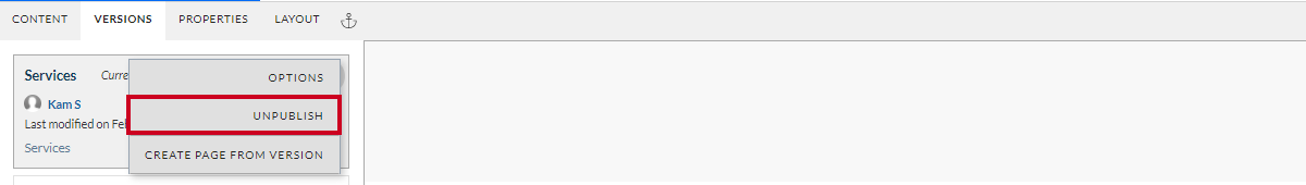 actions menu, unpublish