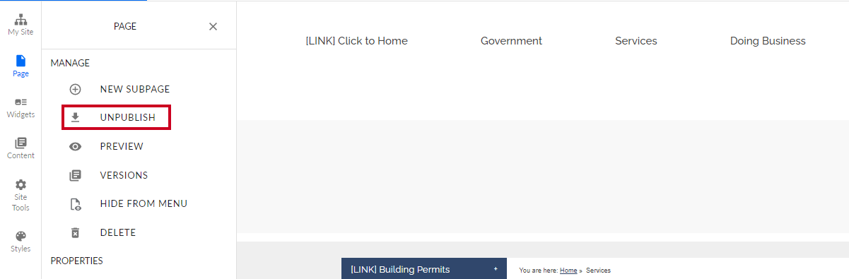 page option, unpublish