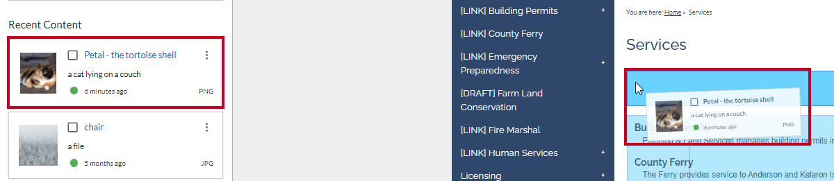 The piece of content under the Recent Content header dragged and dropped onto the page.