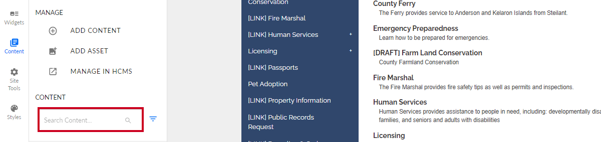 The text entry field labeled Search Content beneath the Content header.