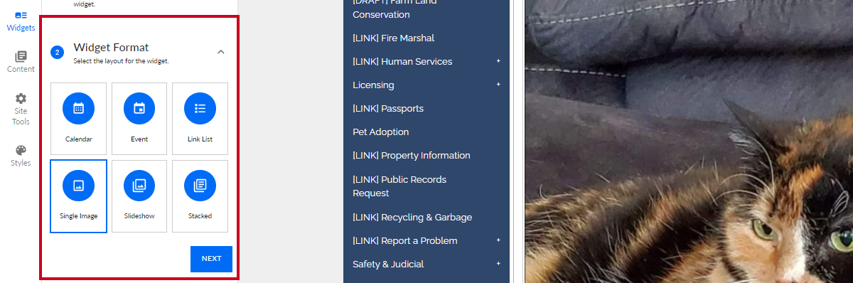 The Calendar, Event, Link List, Single Image, Slideshow, and Stacked widget buttons under the Widget Format header.