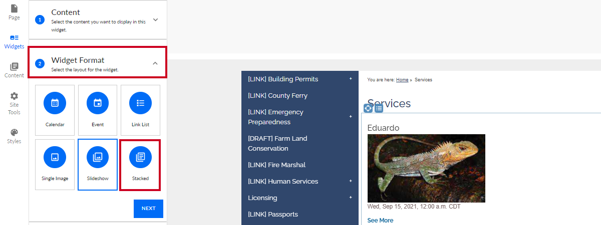 The tab labeled Widget Format, and the button labeled Stacked.