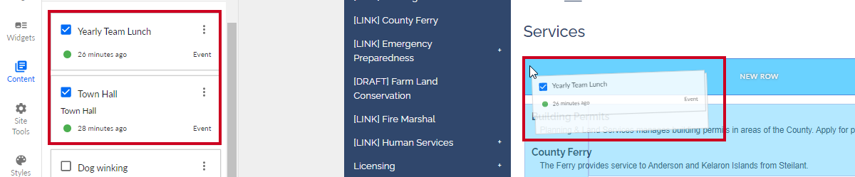 The checked pieces of content being dragged onto the page.