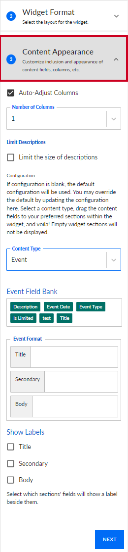 widget options, content appearance options
