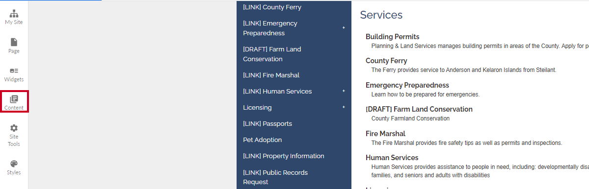 The button labeled Content in the vertical list on the left-hand side of the page.