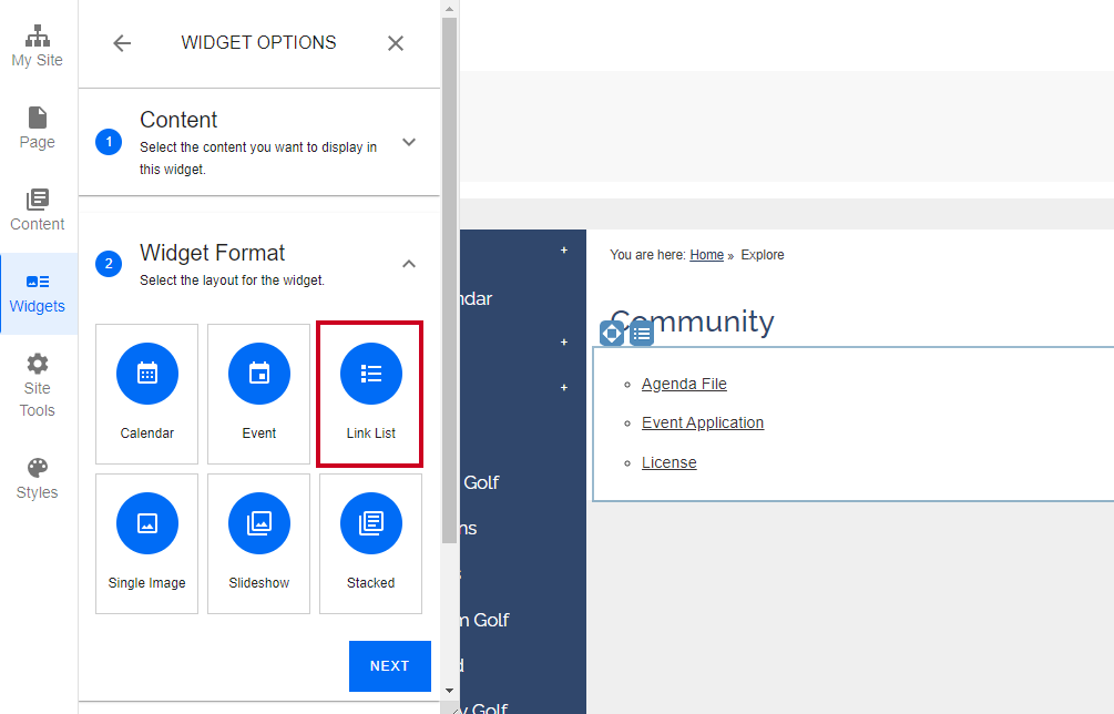 widget format link list type