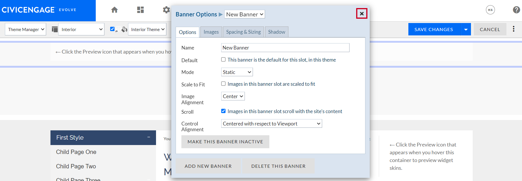 Close the Banner Options